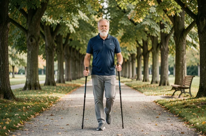 Homme senior actif pratiquant la marche nordique dans un parc en automne, symbole d'une retraite dynamique et en bonne santé