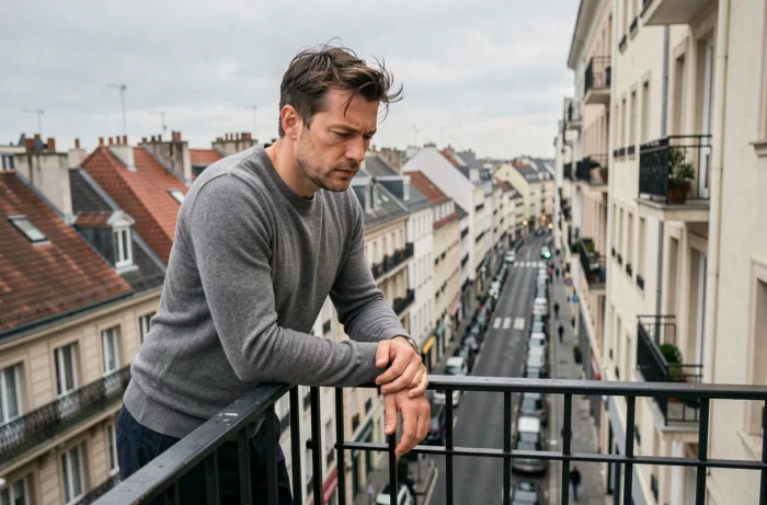 Un homme pensif seul sur un balcon en ville, appuyé sur la rambarde, dans une atmosphère mélancolique évoquant une période de doute sentimental