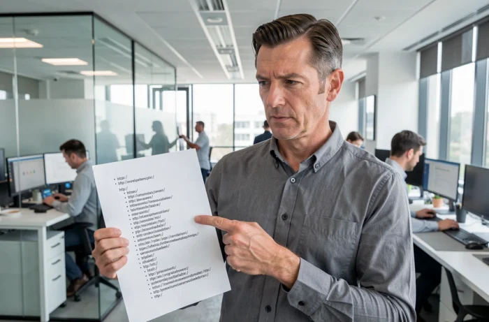 Homme en bureau open space tenant un document imprimé de sitemap de site web et pointant une section