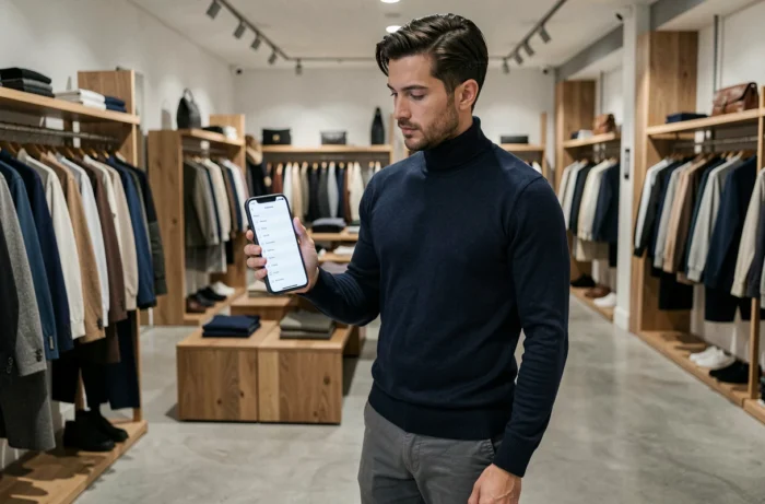 Homme naviguant sur la page sitemap d'un site de mode via smartphone dans une boutique de vêtements