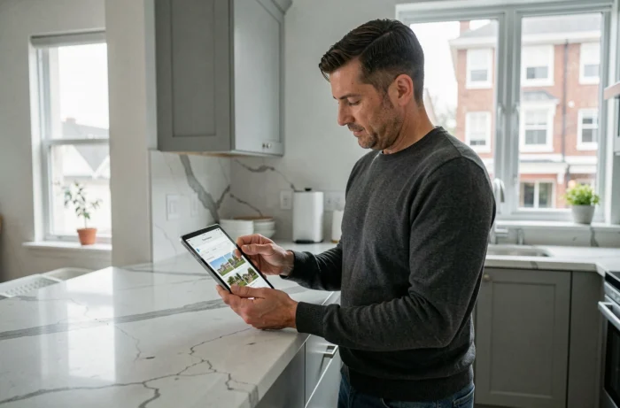 Homme consultant les pages d'un site immobilier sur une tablette dans une cuisine moderne