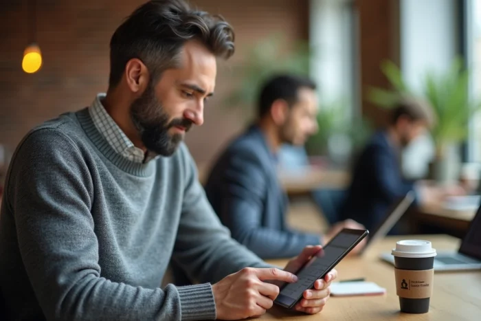 Homme consultant le programme complet de l'événement LesEntreprisesFrenchy 2026 sur une tablette dans un espace de co-working moderne