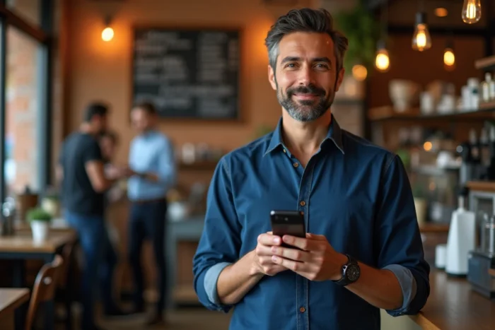 Homme consultant des témoignages sur les réseaux sociaux dans un café urbain animé