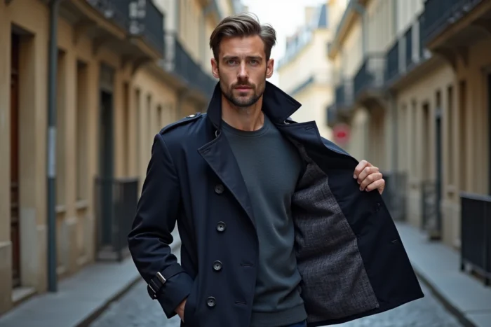Homme en trench-coat inspiré des créateurs de mode examinant les détails de coupe dans une rue pavée européenne