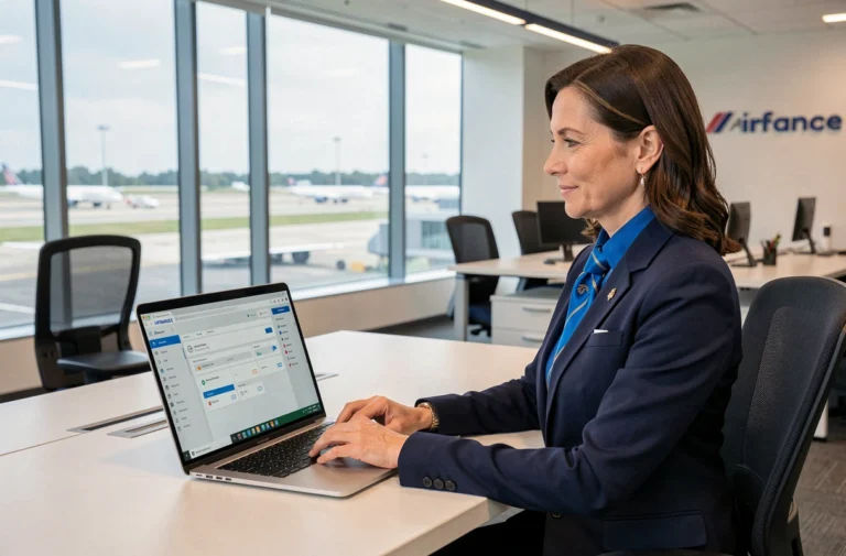 Hôtesse Air France consultant la plateforme IPN sur son ordinateur portable dans un bureau administratif d'aéroport