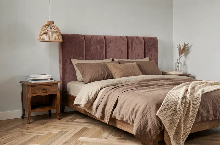 Chambre à coucher relookée avec tête de lit en velours rose poudré, parquet en chevrons et suspension en rotin