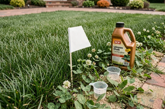 Gros plan sur une pelouse montrant des mauvaises herbes identifiées avec un marqueur de traitement et des produits herbicides sélectifs