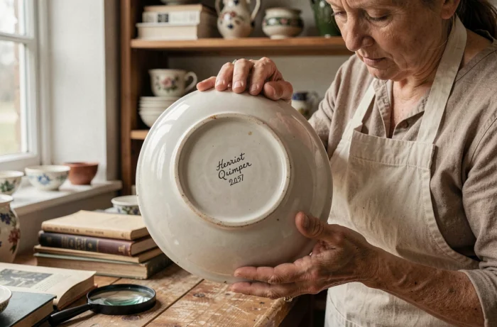 Mains d'une antiquaire examinant le revers d'une assiette Henriot Quimper pour identifier le poinçon authentique et estimer l'ancienneté