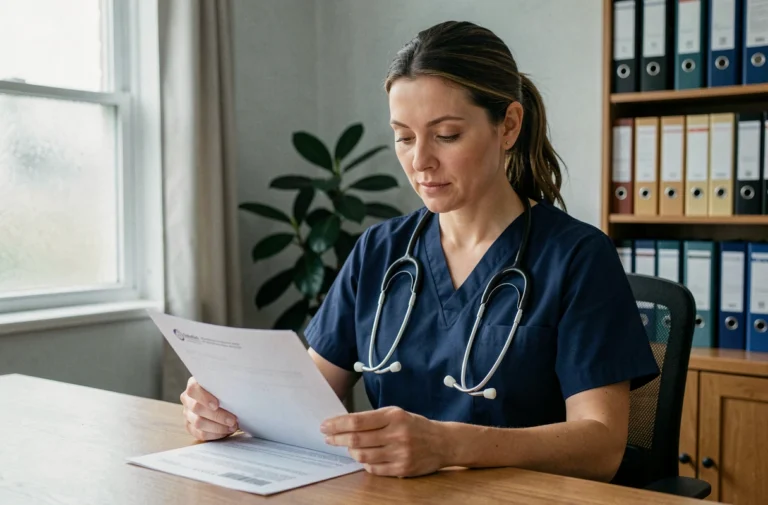 Infirmière libérale en tenue bleue examinant un contrat d'assurance responsabilité professionnelle à son bureau à domicile
