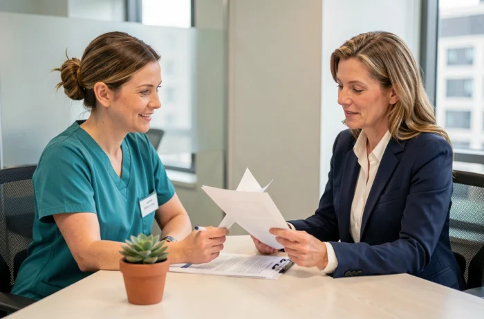 Infirmière libérale en réunion avec un conseiller en assurance professionnelle pour souscrire une couverture responsabilité civile
