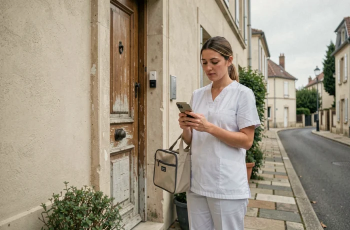Infirmière libérale en déplacement devant une maison de patient avec sa sacoche médicale professionnelle