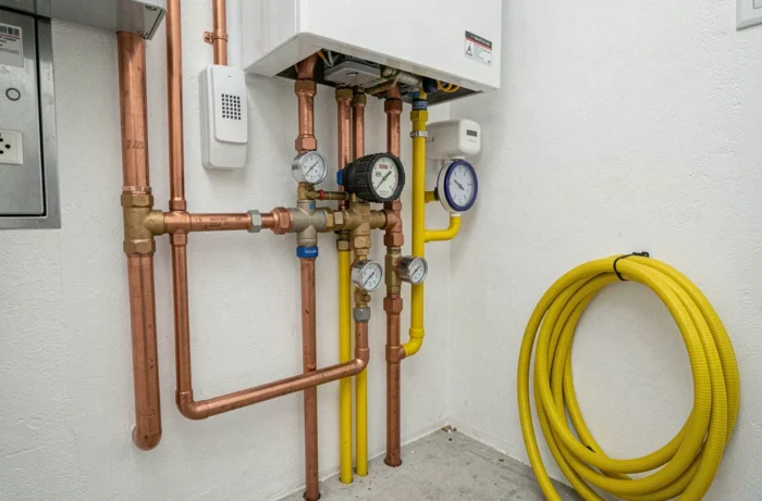 Installation de canalisations de gaz neuves et chaudière murale dans le local technique d'une maison neuve raccordée au réseau GRDF