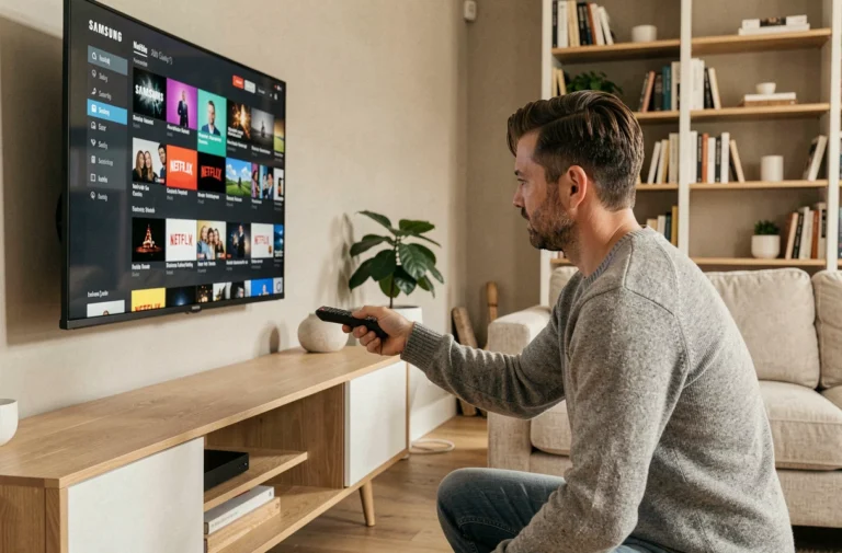 Homme installant Netflix sur une télévision Samsung dans un salon moderne