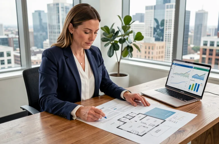 Femme professionnelle analysant des documents immobiliers dans un bureau moderne pour un investissement locatif
