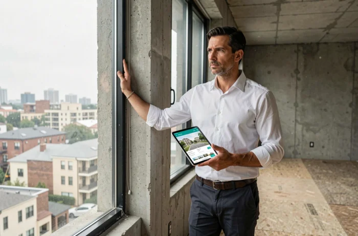 Investisseur immobilier consultant une application de recherche de biens dans un appartement vide en cours d'évaluation
