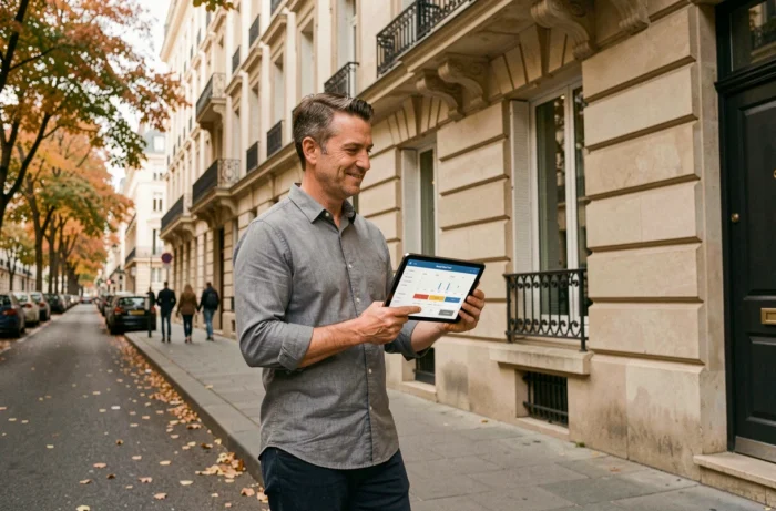 Investisseur immobilier évaluant un immeuble locatif en ville avec une tablette affichant des données financières