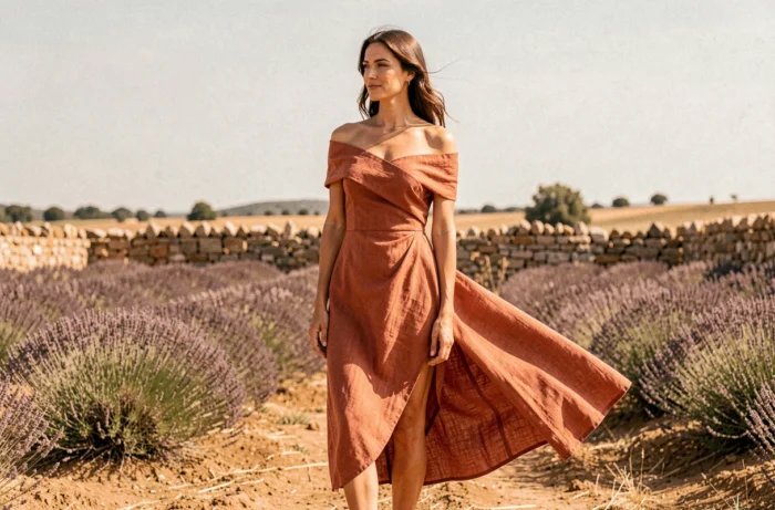 Femme en robe midi asymétrique en lin terracotta Jacquemus dans un paysage provençal, la robe comme signature iconique de la marque