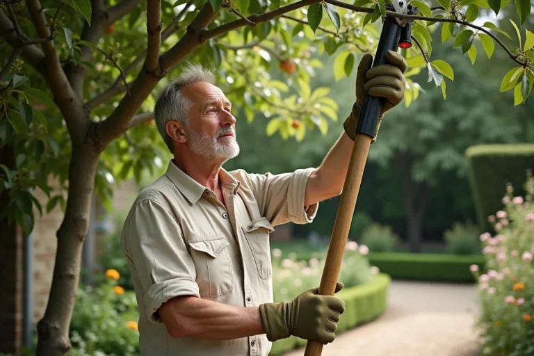 Jardinier utilisant une élagueuse à perche manuelle pour tailler les branches d'un pommier dans un jardin résidentiel français