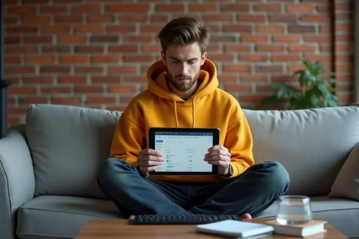 Jeune adulte utilisant une suite bureautique gratuite sur tablette depuis son salon