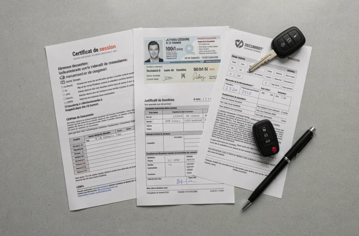 Vue à plat des documents indispensables pour l'obtention d'une nouvelle carte grise en France
