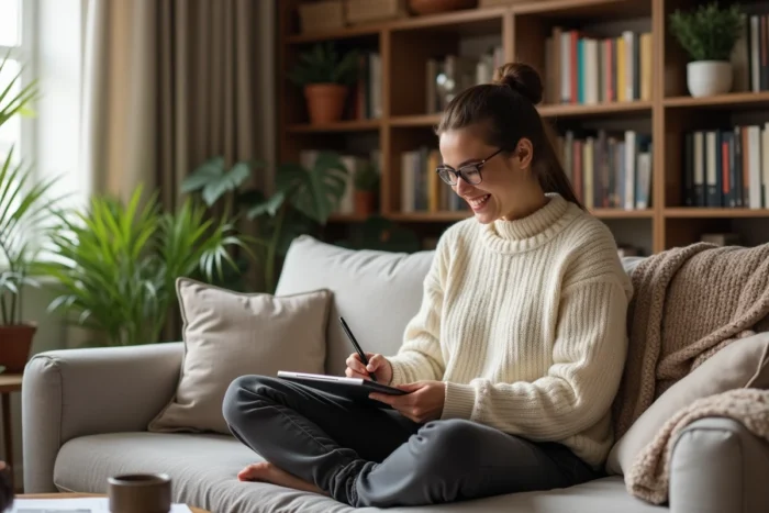 Femme souriante faisant du dessin numérique sur tablette graphique dans un salon cosy, illustrant une activité de loisir créatif en ligne