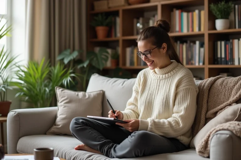 Femme souriante faisant du dessin numérique sur tablette graphique dans un salon cosy, illustrant une activité de loisir créatif en ligne