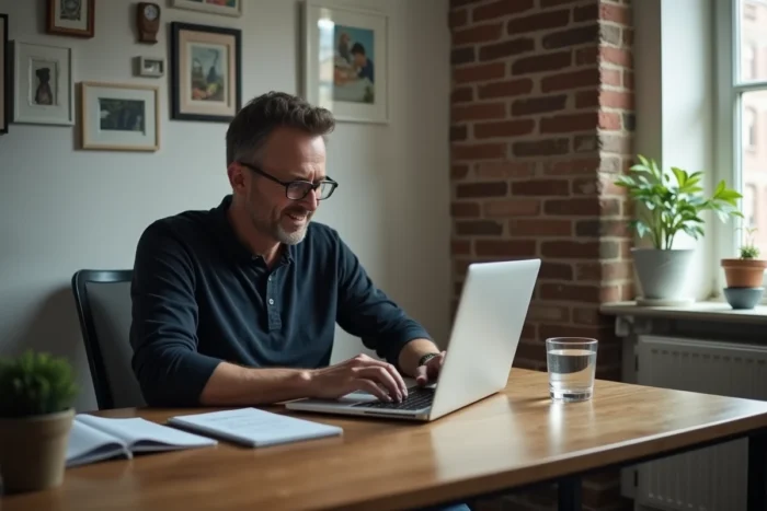 Homme concentré qui suit un cours de cuisine en ligne sur son ordinateur portable dans un bureau à domicile, activité de loisir numérique