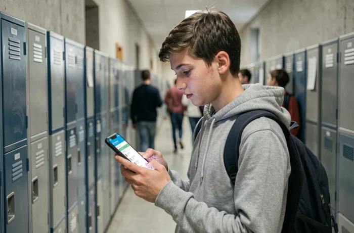 Lycéen consultant l'application Esterel de l'académie Aix-Marseille sur son smartphone dans un couloir d'établissement scolaire