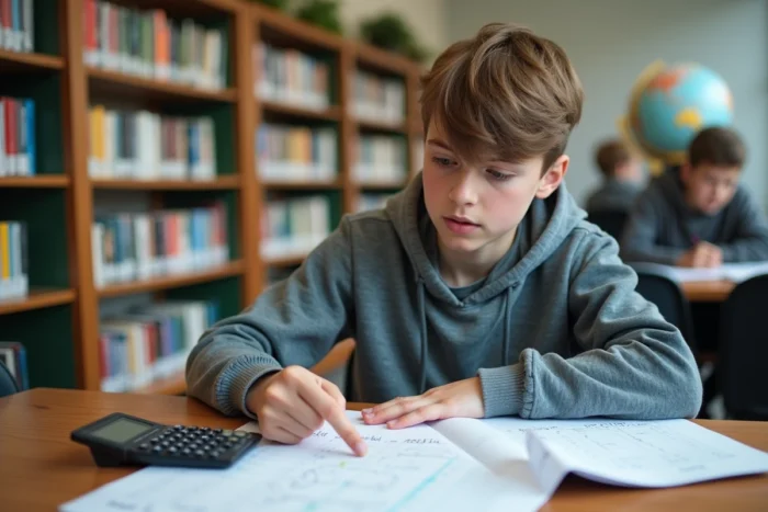 Lycéen consultant une table de conversion kilomètres-miles dans une bibliothèque scolaire pour ses devoirs