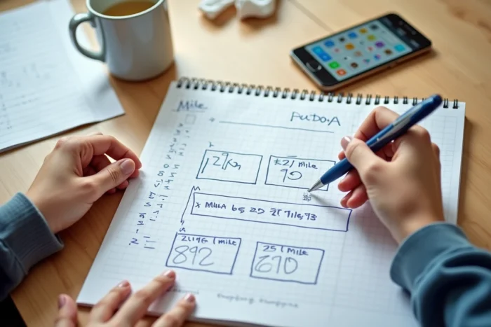 Mains d'élève annotant une ligne numérique de conversion kilomètres-miles sur papier quadrillé avec une application calculatrice