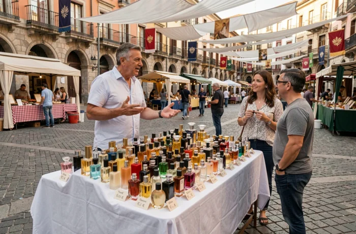 Stand de parfums au marché en plein air de Madrid avec étiquettes de prix en euros et vendeur espagnol