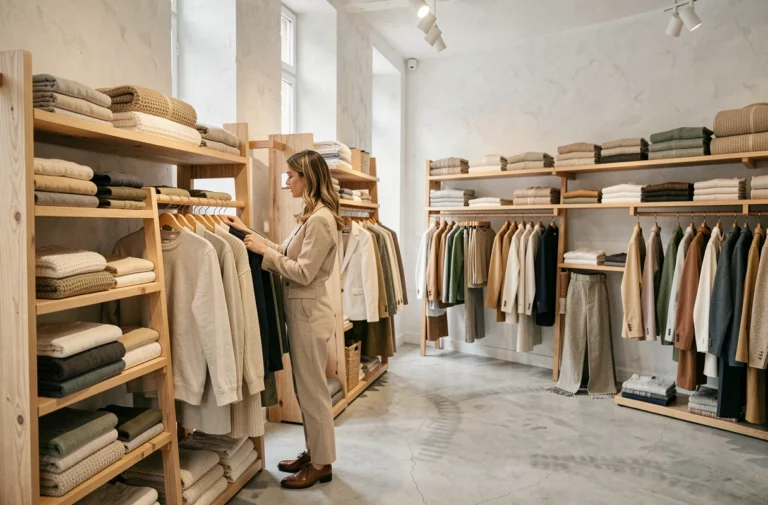 Femme élégante d'une trentaine d'années explorant des vêtements de qualité dans une boutique parisienne au style épuré et contemporain
