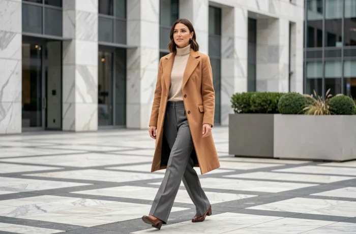 Femme en manteau camel Massimo Dutti marchant dans une place urbaine moderne, illustrant la progression notable de la marque en 2025
