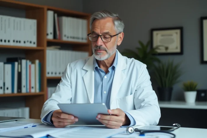 Médecin expérimenté en blouse blanche analysant des documents médicaux sur la tablette dans son cabinet professionnel