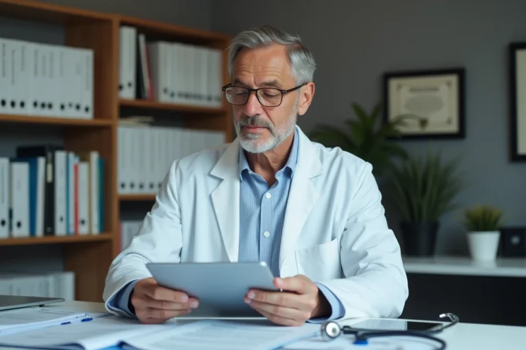 Médecin expérimenté en blouse blanche analysant des documents médicaux sur la tablette dans son cabinet professionnel