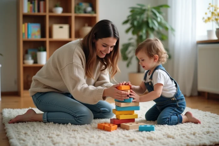 Mère et fille jouant ensemble sur le sol du salon avec des blocs de construction en bois colorés