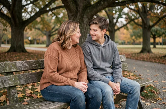 Mère et fils adolescent partageant un moment complice sur un banc dans un parc en automne