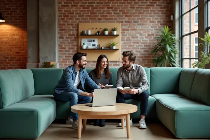 Espace collaboratif avec mobilier modulaire sur mesure dans un coworking contemporain