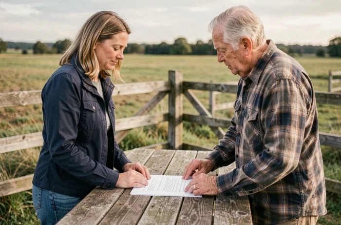 Propriétaire et locataire négociant un contrat de location de terrain agricole autour d'un document imprimé en extérieur