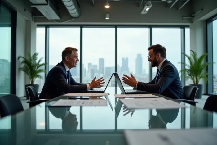 Deux dirigeants discutant de stratégies d'innovation B2B autour d'une table de réunion moderne en milieu urbain