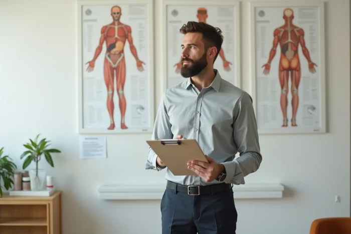 Nutritionniste masculin présentant son analyse d'un système minceur dans un centre de bien-être médical contemporain