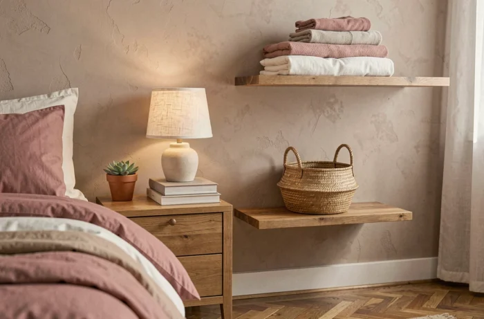 Coin chambre cosy avec table de nuit en bois, plante succulente, livres empilés et étagère flottante avec textiles organisés
