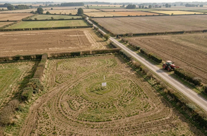 Vue panoramique de parcelles agricoles divisées en location dans la campagne française avec un panneau de mise en location