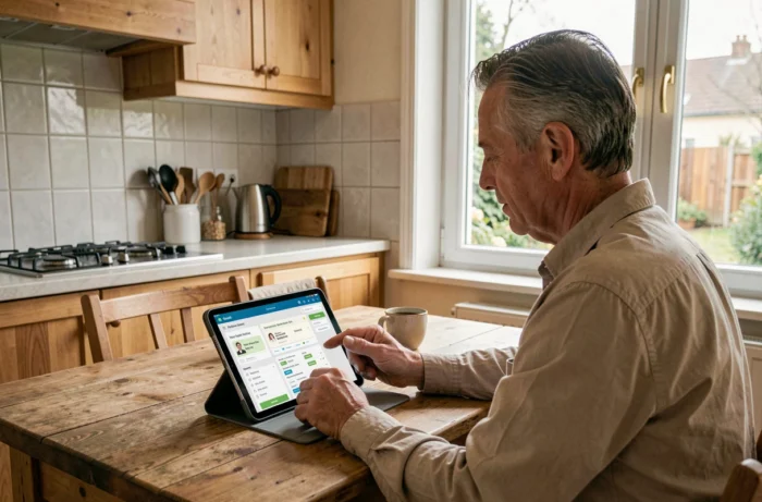 Parent d'élève consultant les bulletins scolaires et les absences via une application académique sur tablette à domicile