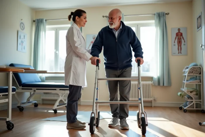 Patient âgé pratiquant la marche avec un déambulateur deux roues accompagné d'un kinésithérapeute en salle de rééducation