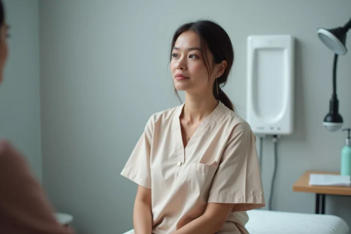 Patiente en consultation préopératoire pour une abdominoplastie dans une clinique privée moderne