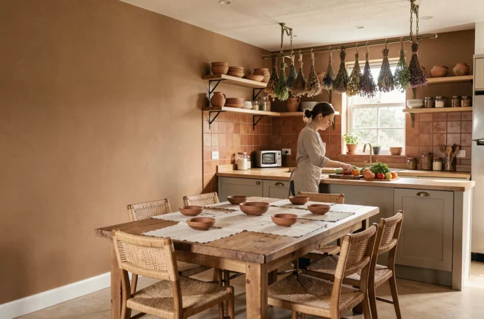 Cuisine et salle à manger ouvertes avec murs peints en couleur sable chaud, mobilier en bois naturel et carrelage terracotta