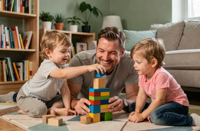 Père jouant avec ses deux jeunes enfants sur le sol du salon en construisant une tour de blocs