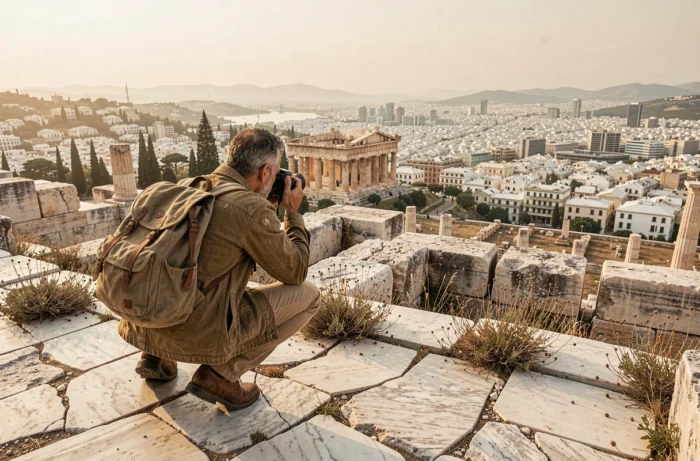 Photographe explorant l'Acropole d'Athènes, capitale de la Grèce parmi les villes en A