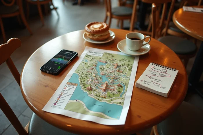 Vue aérienne d'un plan PDF du parc Disney imprimé posé sur une table avec un smartphone et des notes de visite